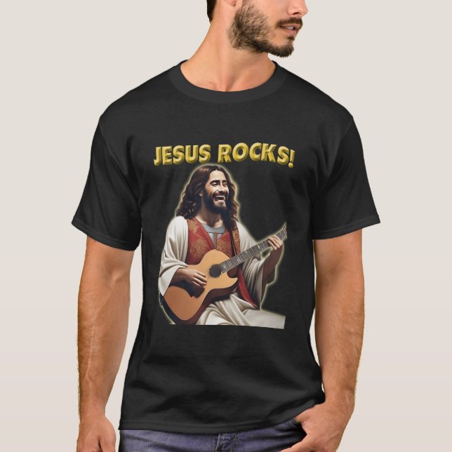 Jesus Rocks Jesus Playing Guitar Share Your Faith  T-Shirt (Front)