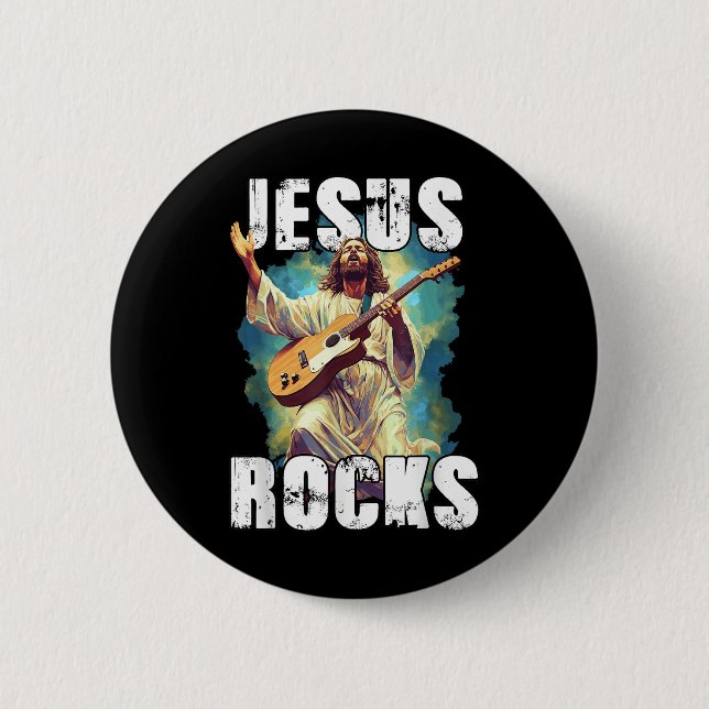 Jesus Rocks With Guitar - Funny Christian Rocks Ch Button (Front)
