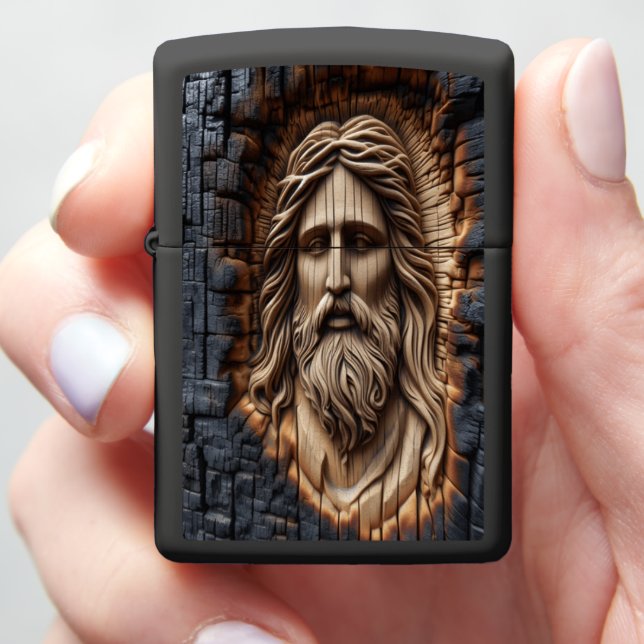 Jesus Rustic Burnt Wood Carving Zippo Lighter (In Hand)