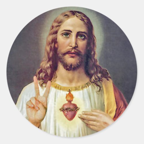 Jesus Sacred Heart Peace Sign Portrait Classic Round Sticker