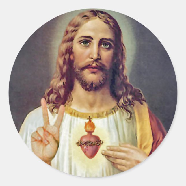 Jesus Sacred Heart Peace Sign Portrait Classic Round Sticker (Front)