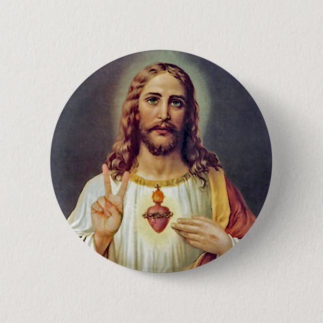 Jesus Sacred Heart Peace Sign Portrait Pinback Button (Front)