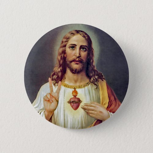 Jesus Sacred Heart Peace Sign Portrait Pinback Button