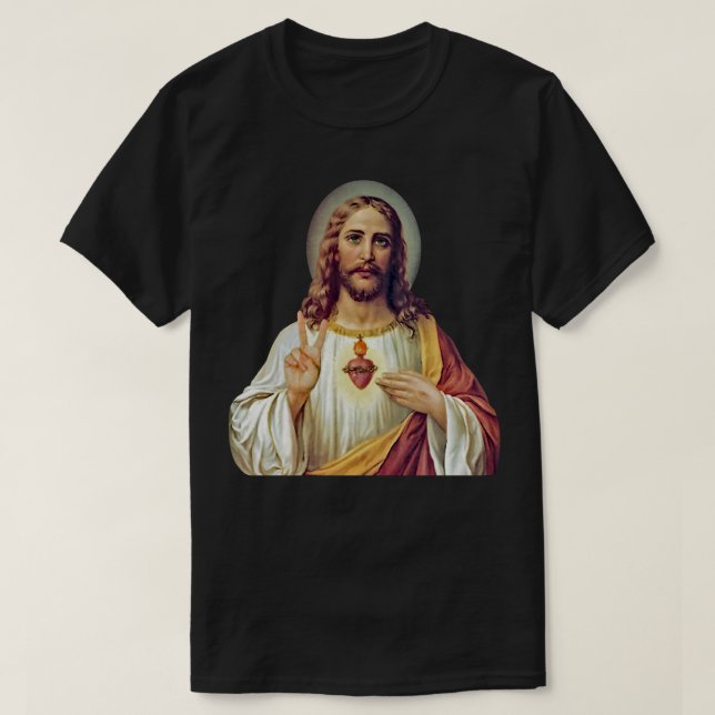 Jesus Sacred Heart Peace Sign Portrait T-Shirt (Design Front)