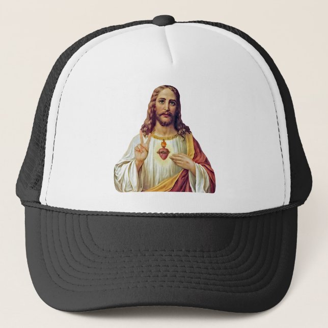 Jesus Sacred Heart Peace Sign Portrait Trucker Hat (Front)