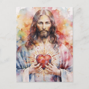 Jesus sacred heart watercolor postcard
