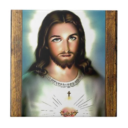 JESUS SACRED HEART  WOOD FRAME 29  CUSTOMIZABLE P CERAMIC TILE