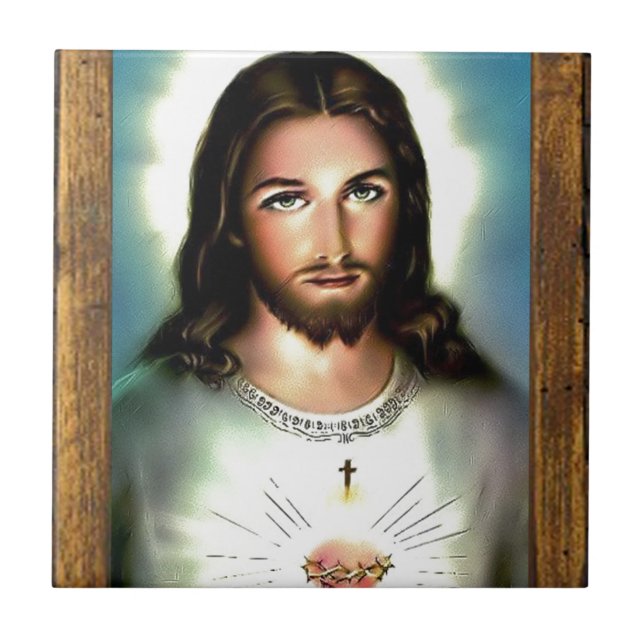 JESUS SACRED HEART  WOOD FRAME 29  CUSTOMIZABLE P CERAMIC TILE (Front)