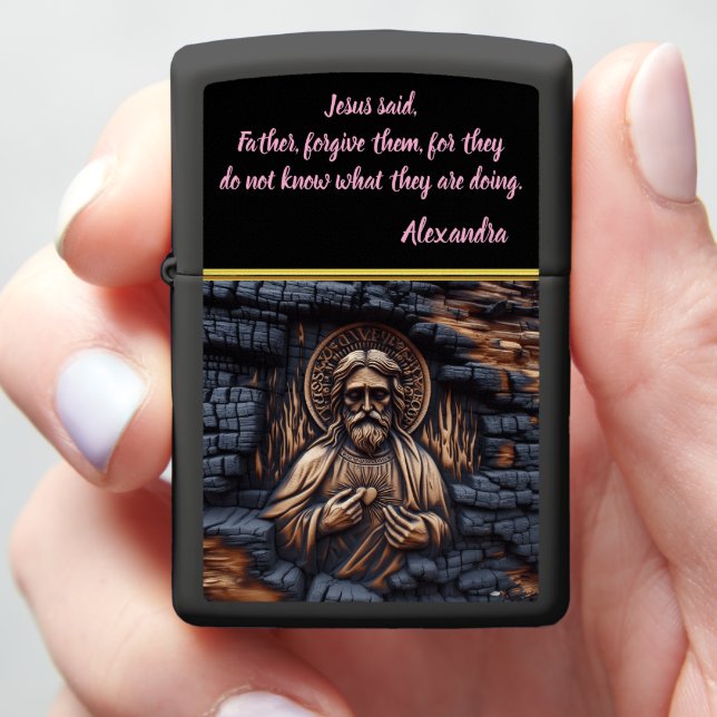 Jesus Said Father Forgive Burnt Wood Shows Sacred  Zippo Lighter (In Hand)