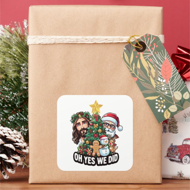 Jesus Santa Christmas Tree Oh Yes Square Sticker (Holiday)