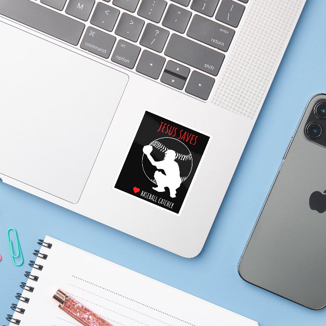 Jesus Saves Baseball Catcher Funny Sports Lover Sticker (Laptop w/ iPhone)