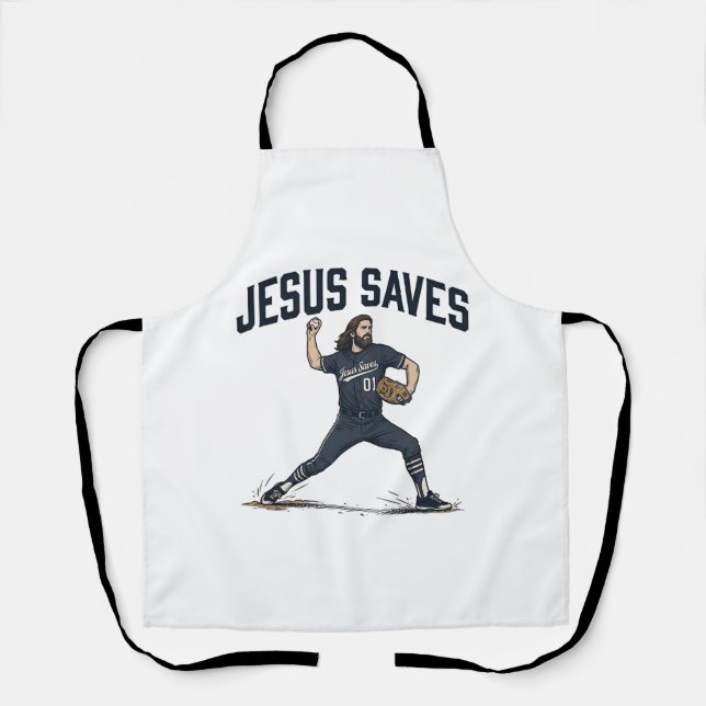 Jesus Saves Baseball Pitcher Vintage Engraving Shi Apron (Front)