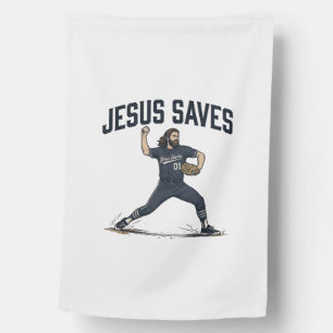 Jesus Saves Baseball Pitcher Vintage Engraving Shi House Flag