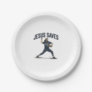 Jesus Saves Baseball Pitcher Vintage Engraving Shi Paper Plates