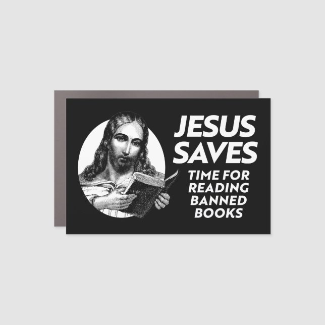Jesus saves by checking out library books car magnet (Front)