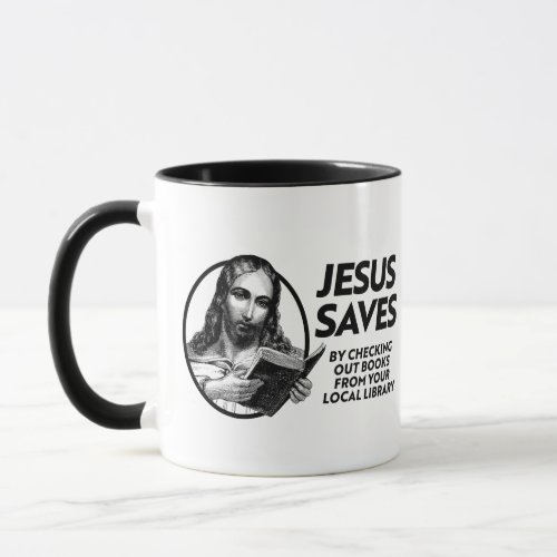 Jesus saves by checking out library books mug