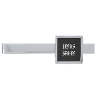 ‘Jesus Saves’ Christian Quote Black and White Silver Finish Tie Bar
