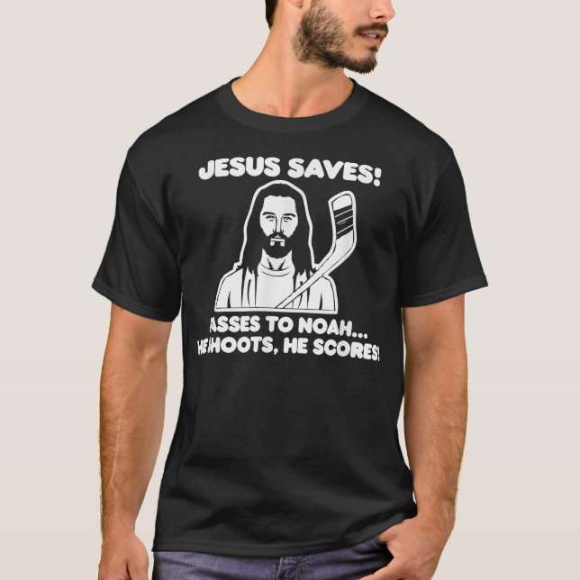 Jesus Saves Hockey Shirt Funny Catholic Christian  (Front)