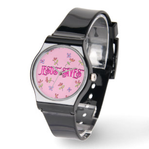 ‘Jesus Saves’ Quote with Floral Print on Pink Watch
