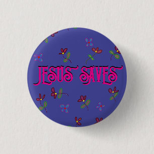 ‘Jesus Saves’ Quote with Floral Print on Purple Button