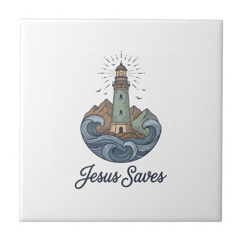 Jesus Saves Vintage Lighthouse Christian Shirt_1 Ceramic Tile