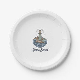 Jesus Saves Vintage Lighthouse Christian Shirt_1 Paper Plates