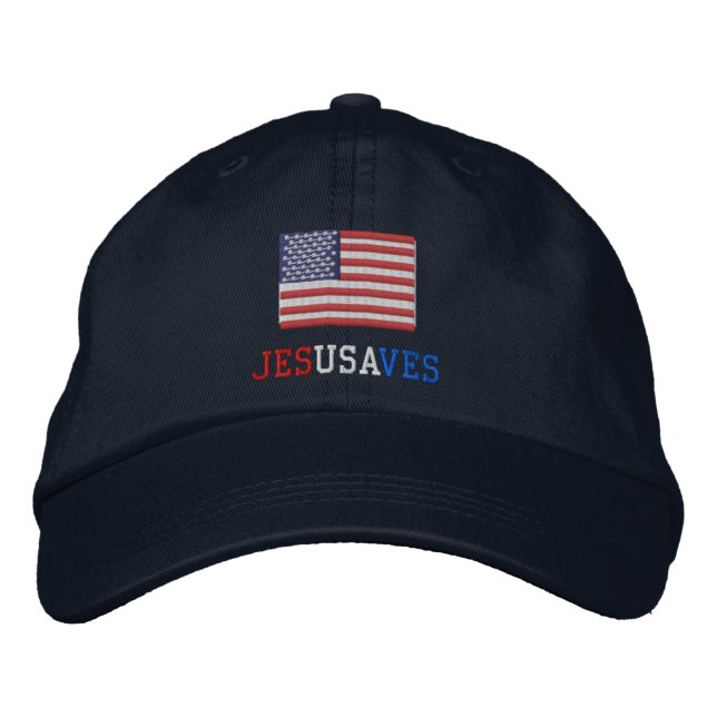 Jesus Saves with American Flag Embroidered Baseball Hat (Front)
