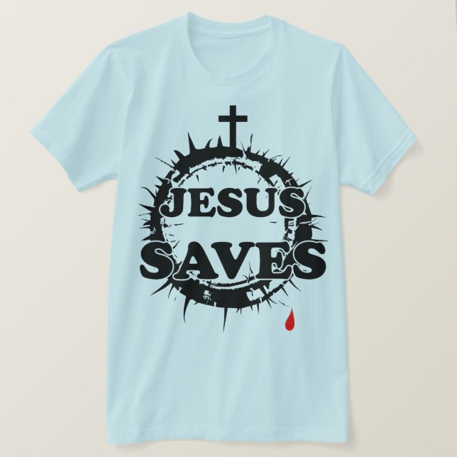 Jesus Saves with Cross and Crown of Thorns T-Shirt (Design Front)