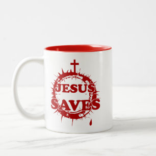 Jesus Saves with Cross and Crown of Thorns Two-Tone Coffee Mug