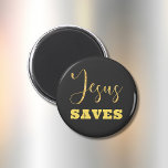 Jesus Saves Yellow Gold Glitter Magnet<br><div class="desc">Trendy and beautiful,  "Jesus saves",  religious,  christian,  typography design with gold lettering 'Jesus' and yellow gold 'saves'.</div>