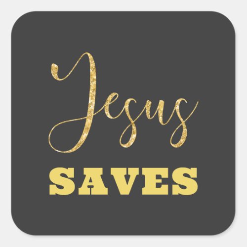 Jesus Saves Yellow Gold Glitter Square Sticker