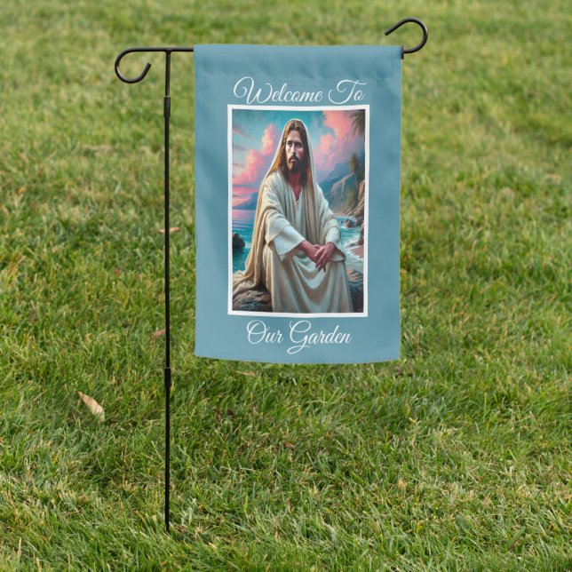 Jesus Savior by Shore in Quiet Reflection  Garden Flag (In SItu)