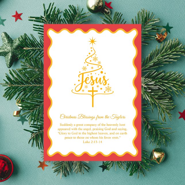 Jesus Script Christmas Tree Blessings Holiday Card (Jesus Script Christmas Tree Card Gold with Luke 2:13–14)
