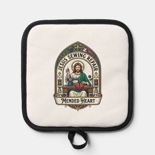Jesus Sewing Repair Mended Heart Jesus Sewing Repa Pot Holder (Front)