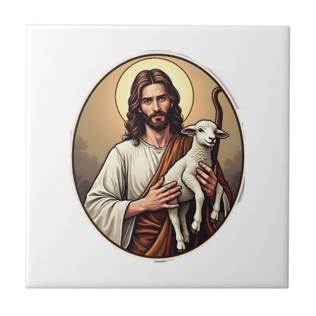 Jesus Shepherd Circle Vintage Engraving Shirt Ceramic Tile (Front)