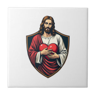Jesus Shielded Heart Vintage Engraving Shirt Ceramic Tile