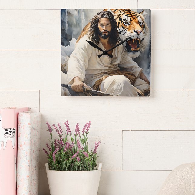 Jesus siting on a rock with tiger  square wall clock (Creator Uploaded)