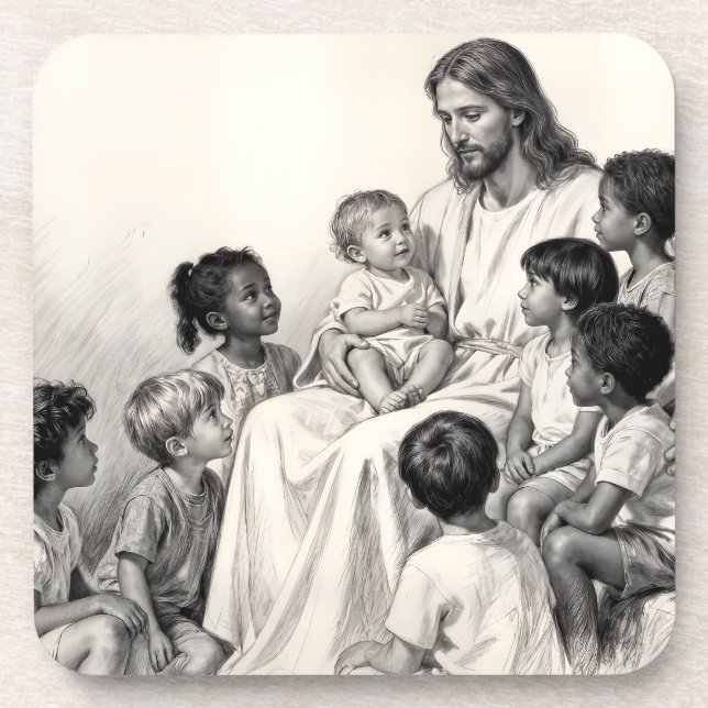 Jesus Sitting with Children Beverage Coaster (Front)