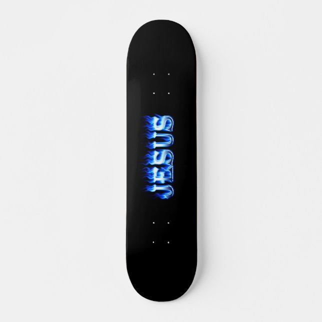 Jesus skateboard blue fire and flames design. deck (Front)