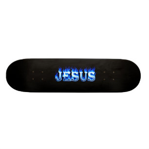 Jesus skateboard blue fire and flames design. deck