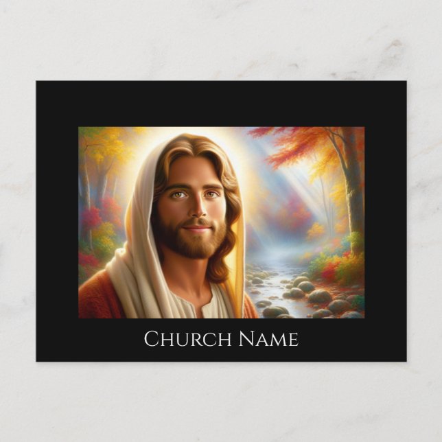 Jesus Smiling in a Heavenly Forest Postcard (Front)