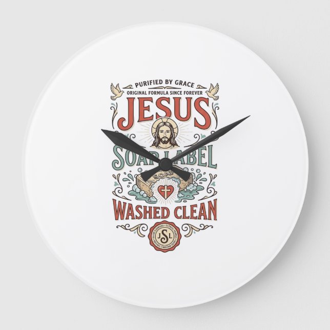 Jesus Soap Label Washed Clean Jesus Soap Washed Cl Large Clock (Front)