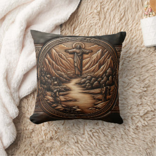 Jesus Standing Above a Serene Landscape Throw Pillow