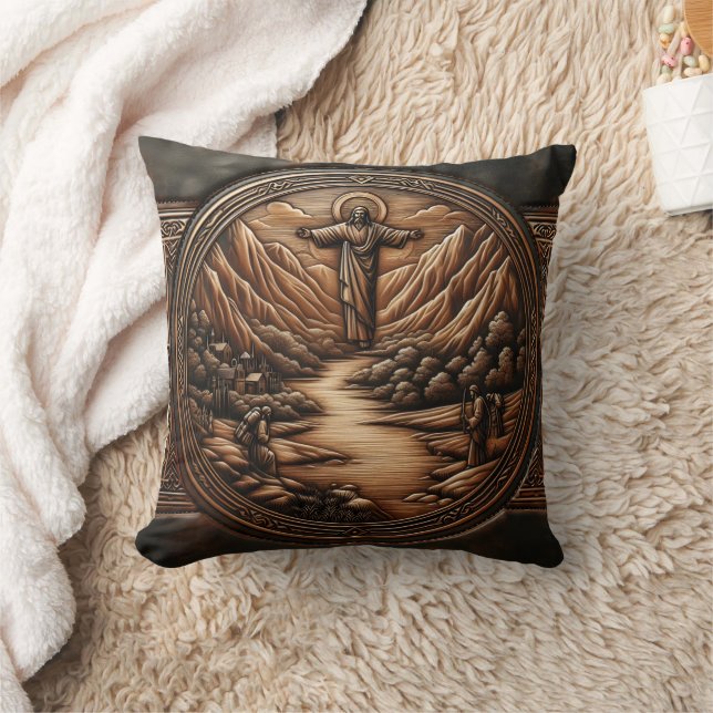 Jesus Standing Above a Serene Landscape Throw Pillow (Blanket)
