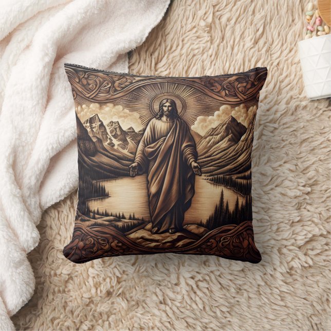 Jesus Standing Before Majestic Mountains at Dawn Throw Pillow (Blanket)