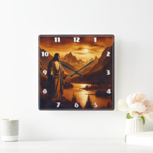 Jesus Standing by River at Sunset in Mountains Square Wall Clock
