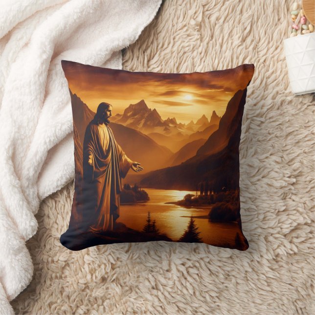 Jesus Standing by River at Sunset in Mountains Throw Pillow (Blanket)