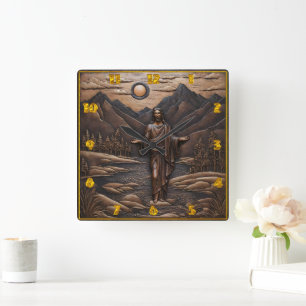 Jesus Standing by the River in Mountain Landscape Square Wall Clock