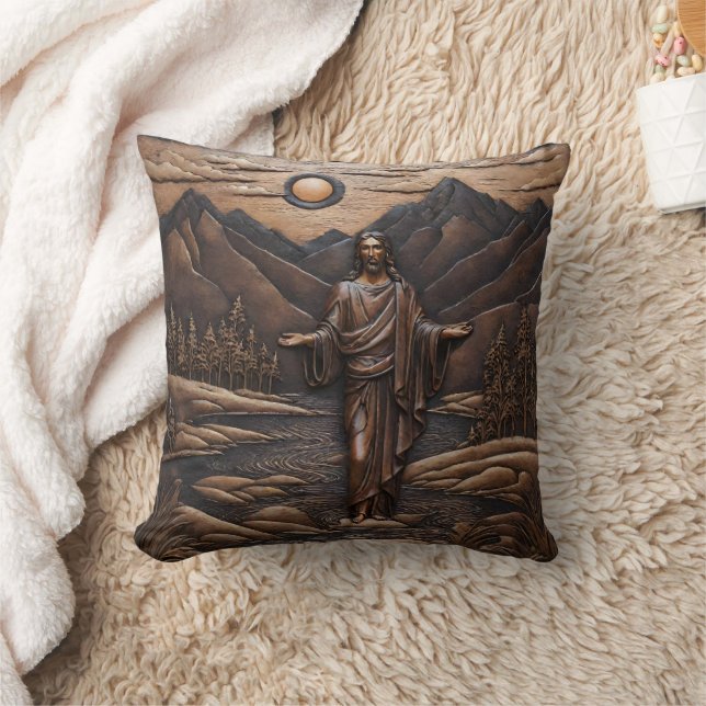 Jesus Standing by the River in Mountain Landscape Throw Pillow (Blanket)