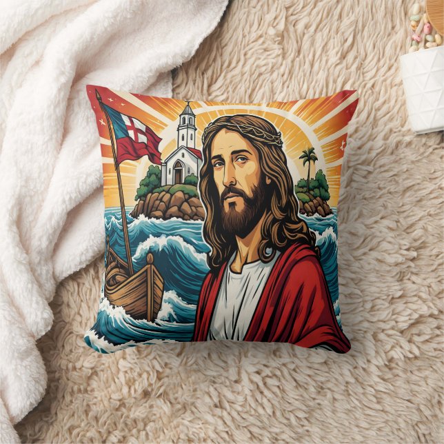 Jesus standing by the sea with a boat at sunset throw pillow (Blanket)